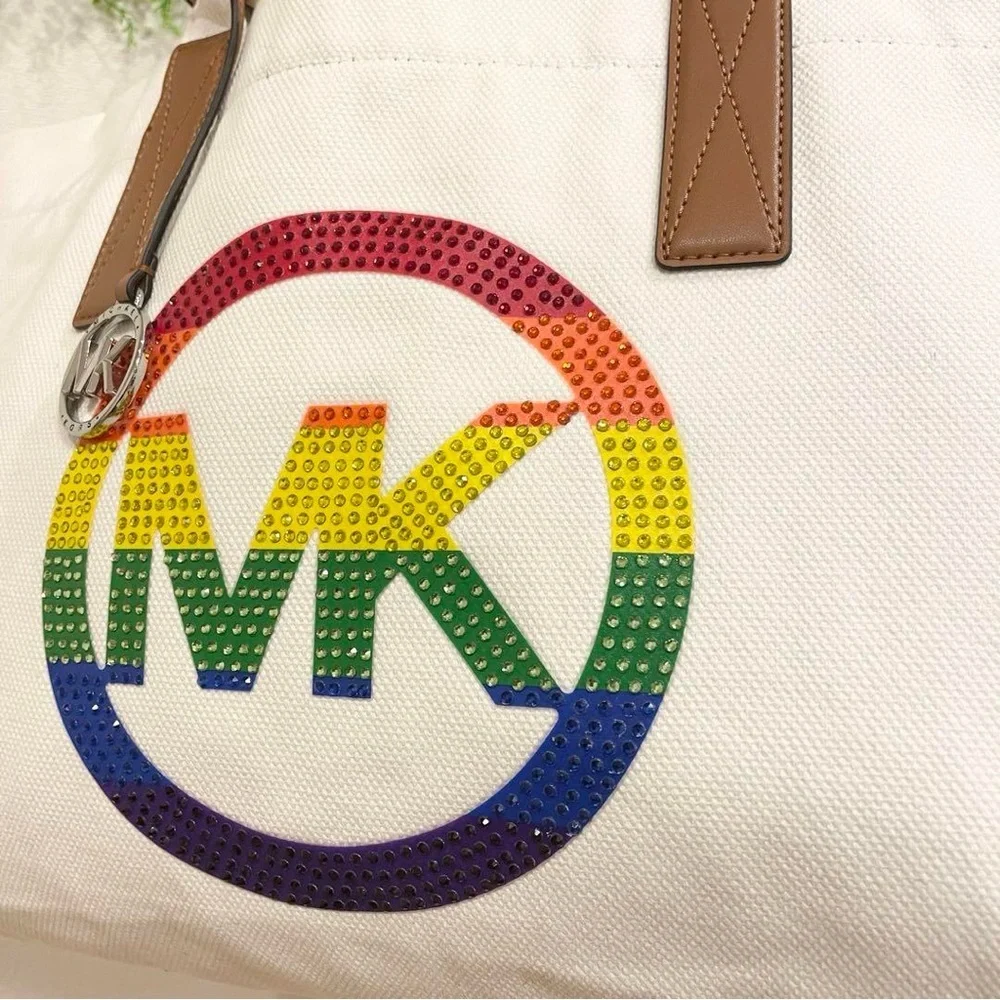 MICHAEL KORS LARGE EMBELLISHED LOGO CANVAS TOTE BAG - Picture 3 of 12